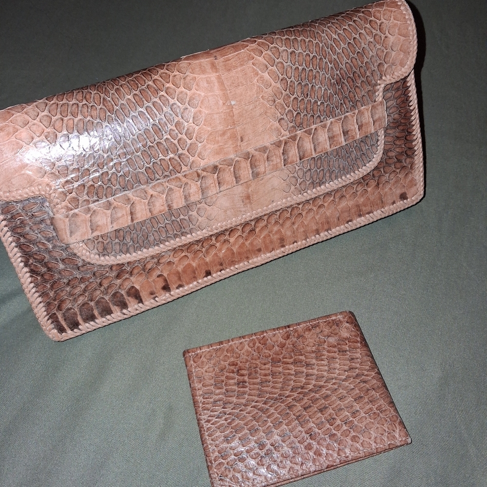 VINTAGE ACCORDION GENUINE SNAKESKIN LEATHER LARGE CLUTCH / WALLET SET